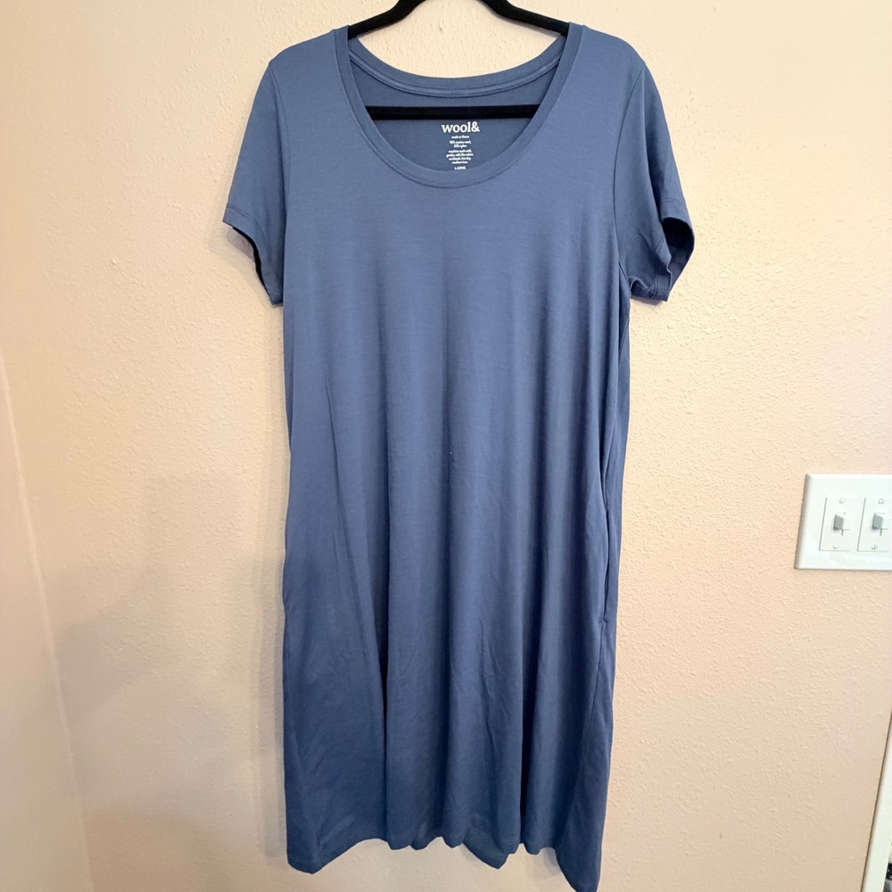 Wool& Maggie Merino Wool Blend Short Sleeve Pocket Dress Blue L-Long